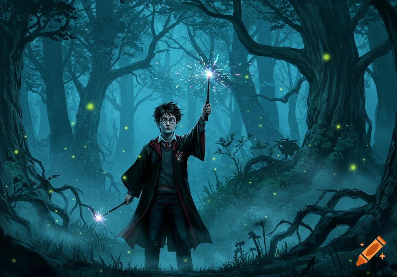 An illustration of Harry Potter in a dark, misty forest, casting spells with two wands, surrounded by glowing fireflies.
