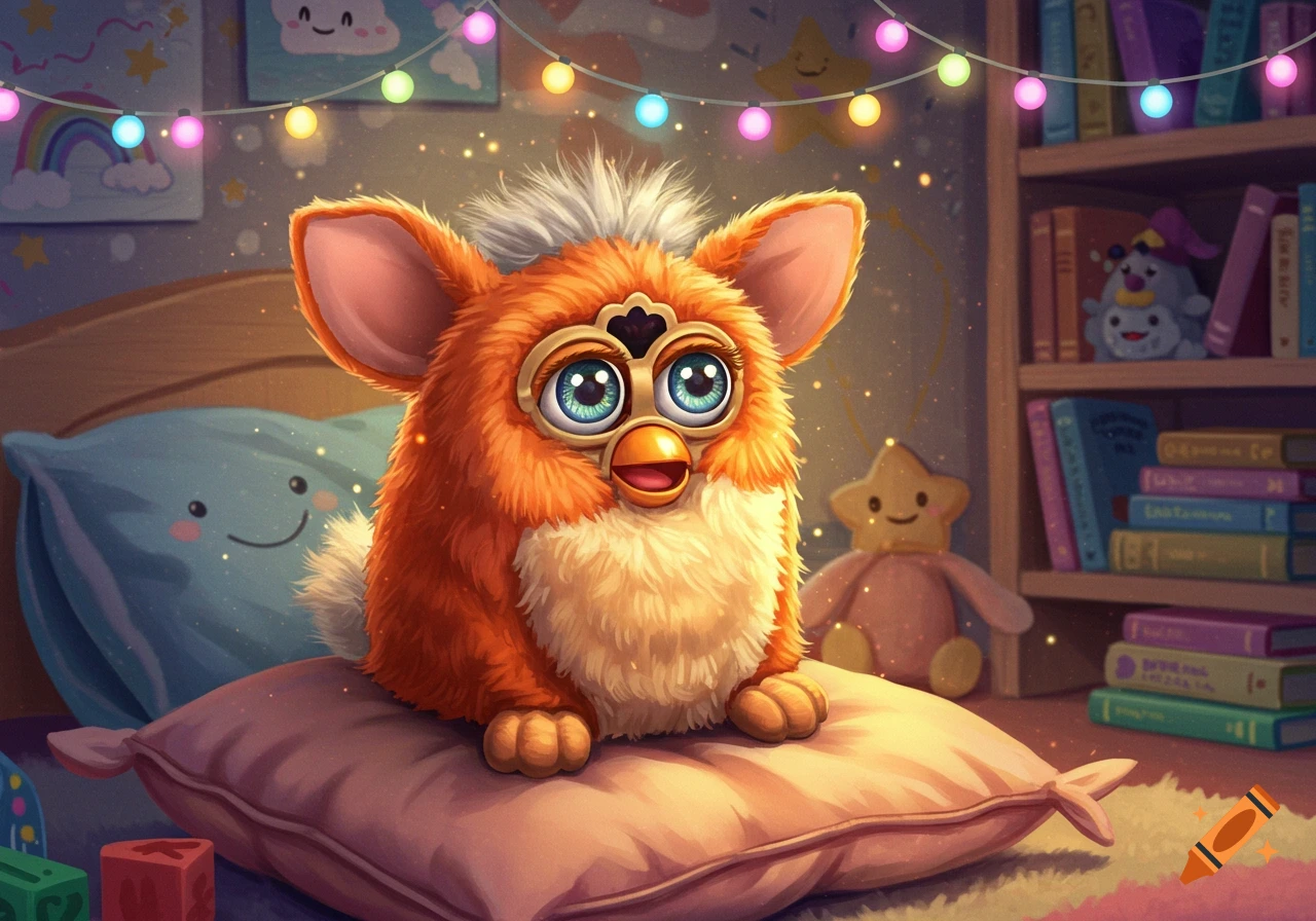 A fluffy orange Furby-like creature with big blue eyes sits on a pink pillow in a whimsical child's bedroom with fairy lights.