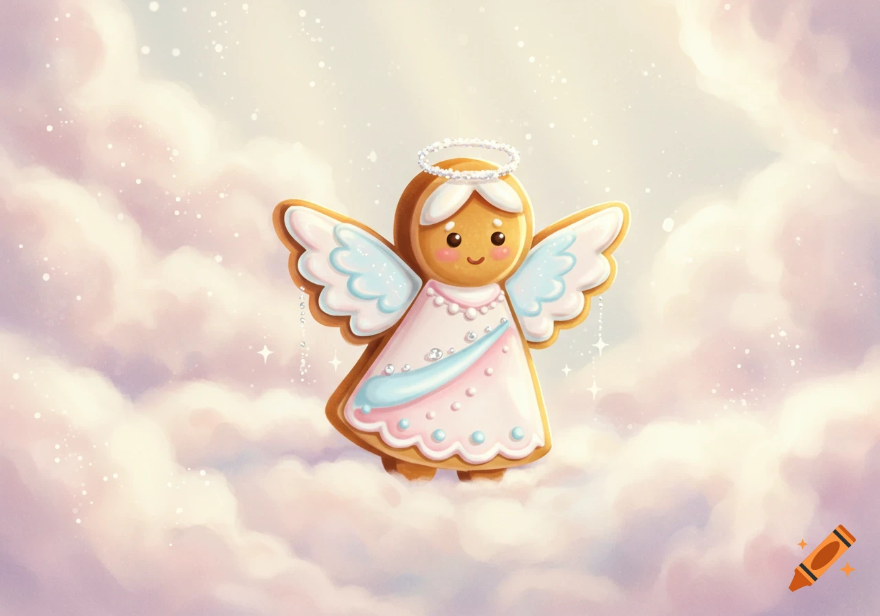 A cute gingerbread angel cookie with white and light blue icing, a halo, and pearl details, floating among pastel clouds and sparkles.