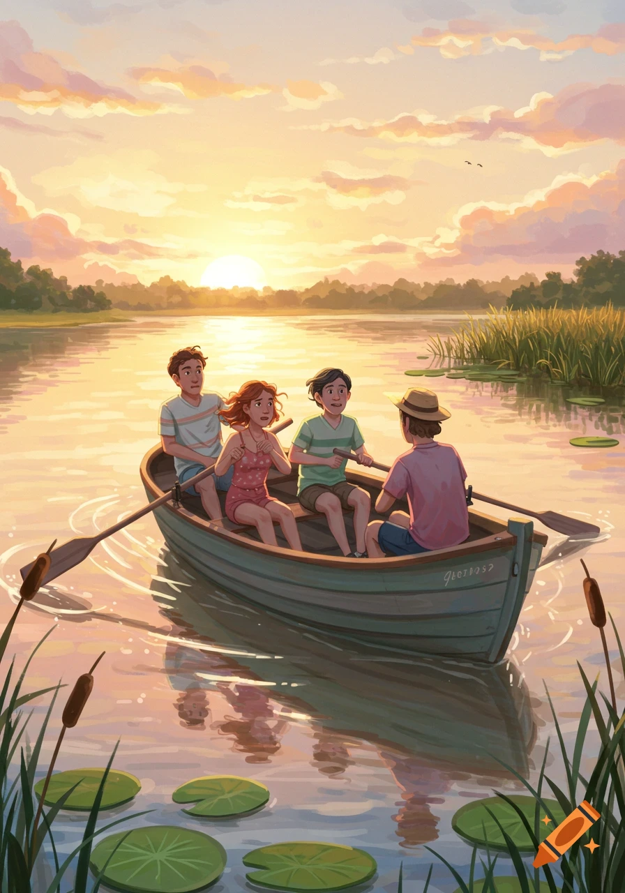 Four young people in a rowboat on a serene lake at sunset, with lily pads and reeds in the foreground, in an illustrative style.