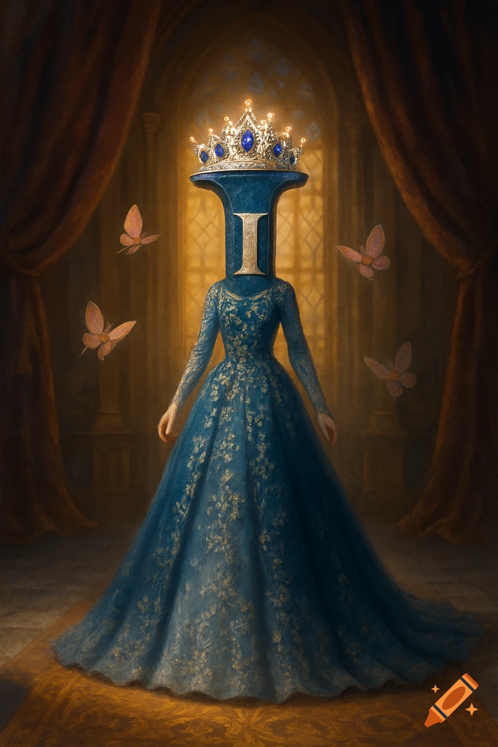 A surreal princess with a golden 'I' on her blue, crowned head, wearing an ornate blue gown, stands in a regal hall with butterflies.