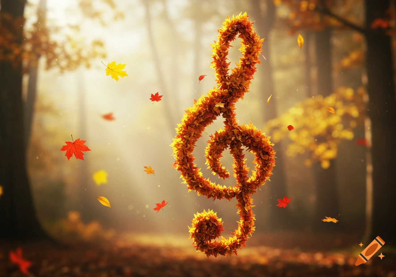 A treble clef made of vibrant autumn leaves floats in a sunny, golden-hued forest with falling red and yellow leaves.