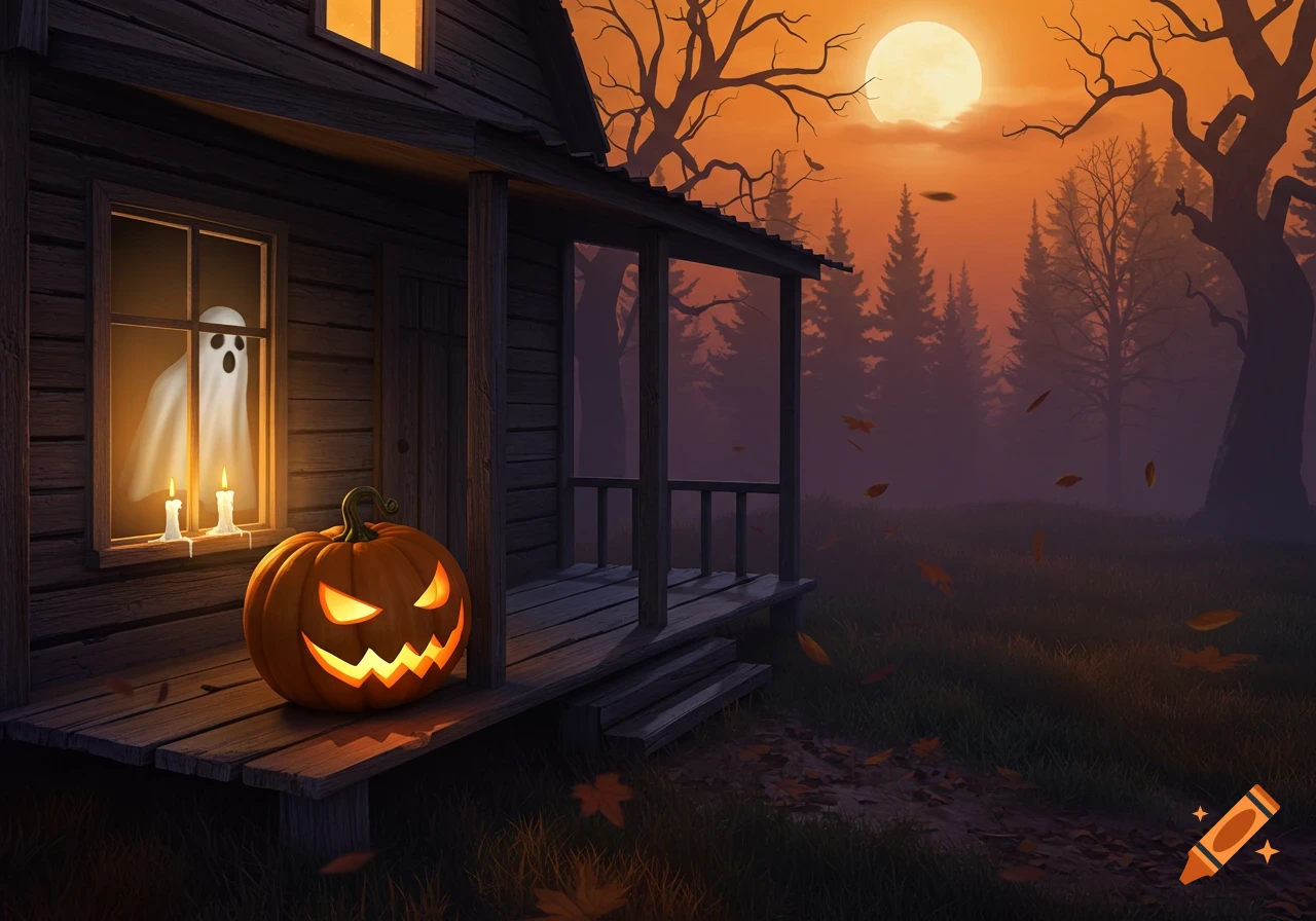 A spooky Halloween scene with a rustic house, glowing jack-o'-lantern on the porch, a ghost in the window, and a full moon over a dark forest.