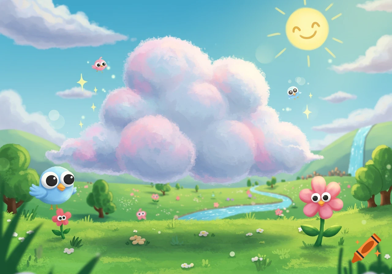Whimsical cartoon landscape with a large pink-tinged cloud character, cute birds, and flowers with faces in a green meadow.