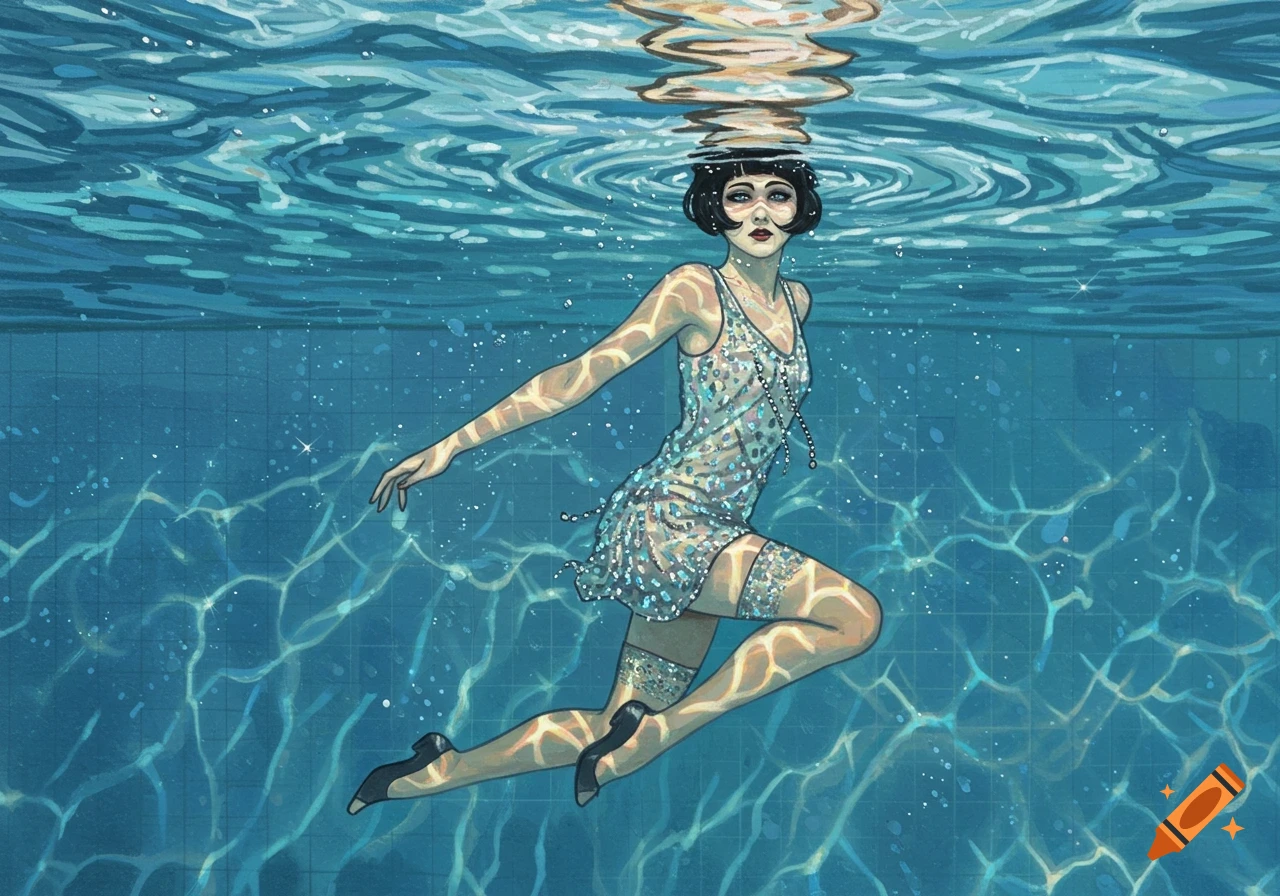An art deco illustration of a flapper girl in a sparkly dress and stockings swimming gracefully underwater in a blue pool.