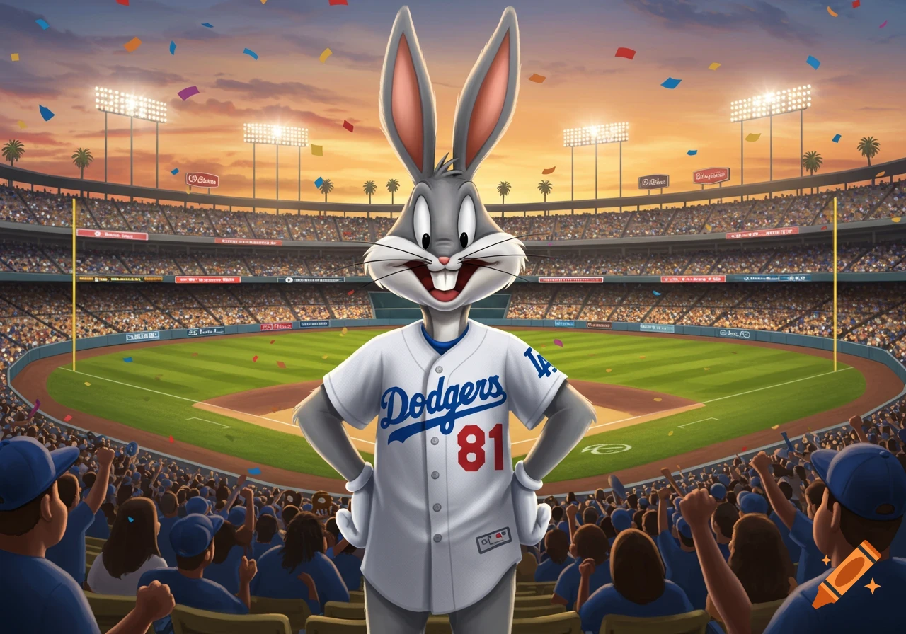 Bugs Bunny in a white Dodgers baseball jersey with the number 81 stands in a packed stadium during sunset, surrounded by confetti.