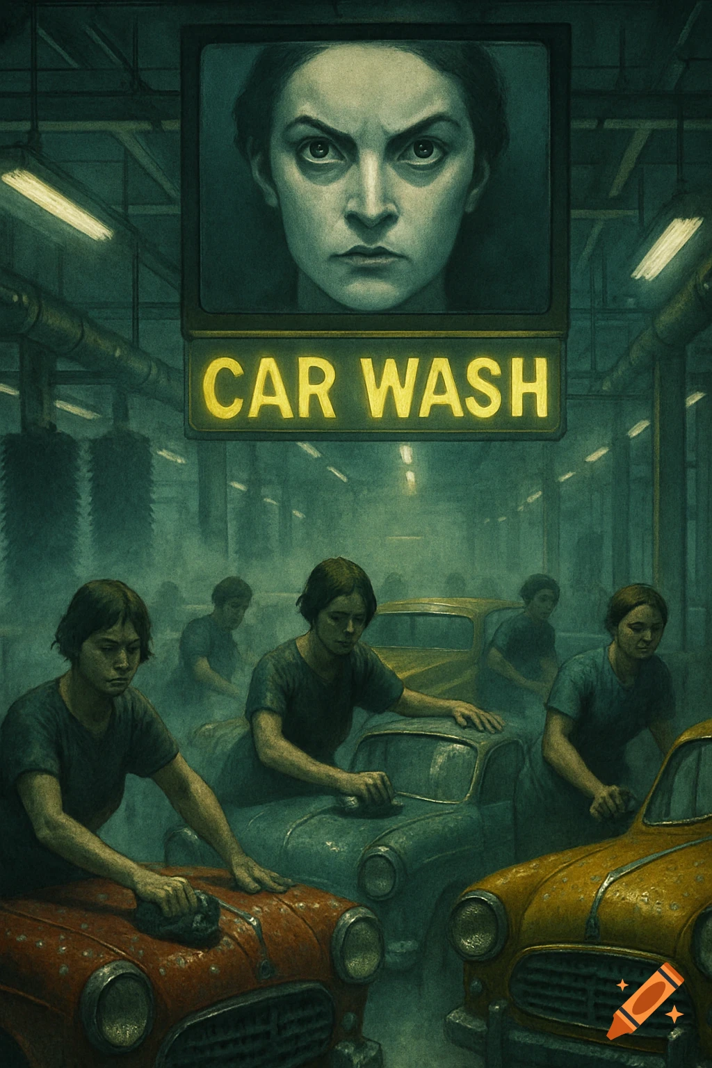 A dark, gritty illustration depicts women in a car wash, hand-scrubbing vintage cars under the stern gaze of a woman on a TV screen overhead, reminiscent of a dystopian surveillance scene.