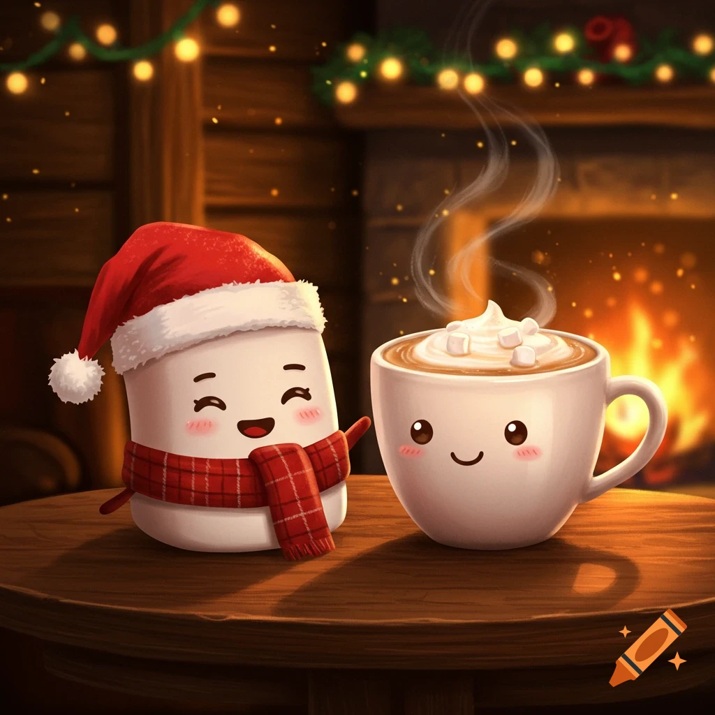 A cute marshmallow in a Santa hat and scarf stands next to a cute cup of coffee with marshmallows, in front of a cozy fireplace with string lights, in a cartoon style.