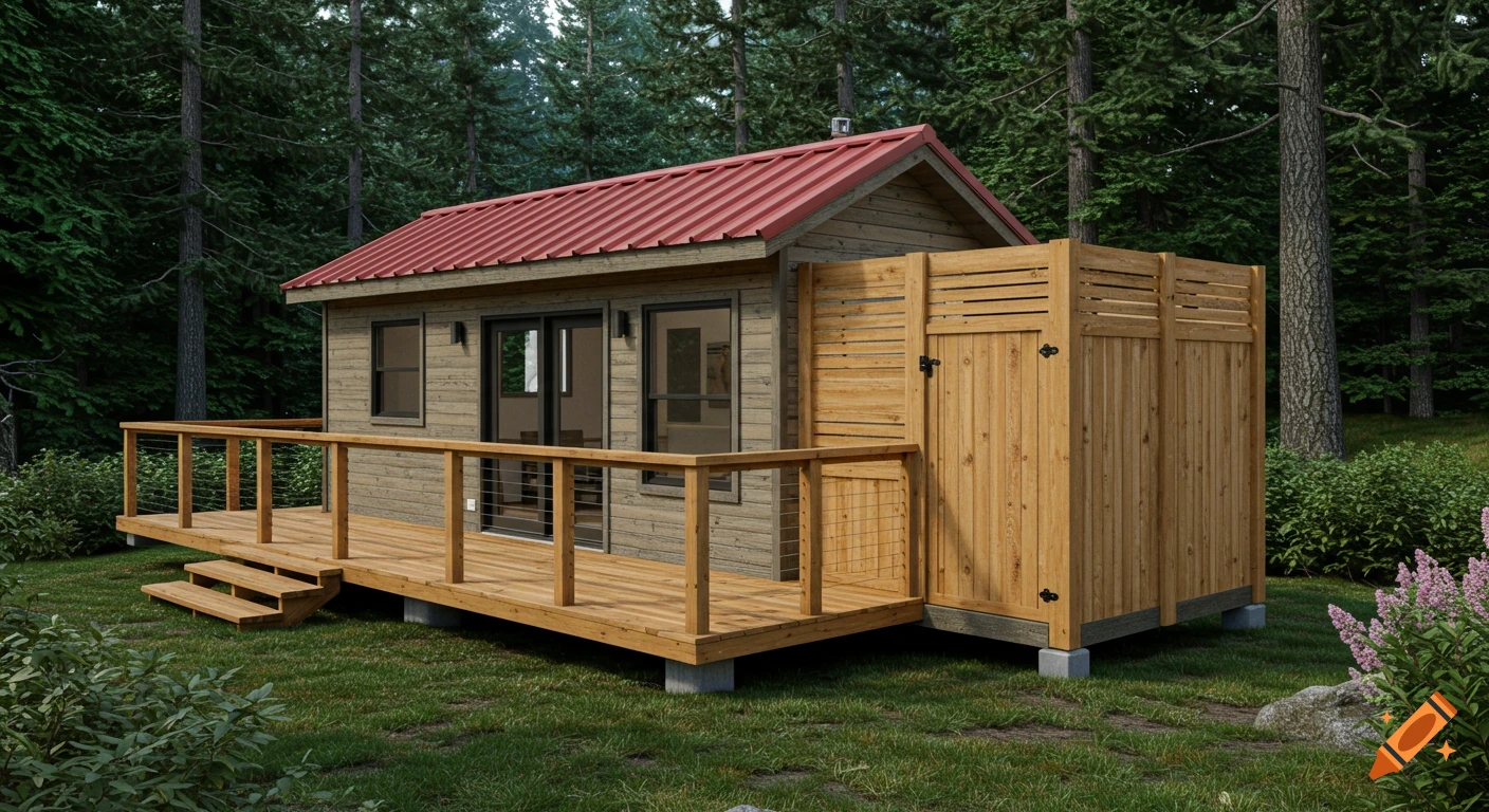 A photorealistic rendering of a modern tiny home office with a red roof and a wooden wrap-around deck in a lush forest.