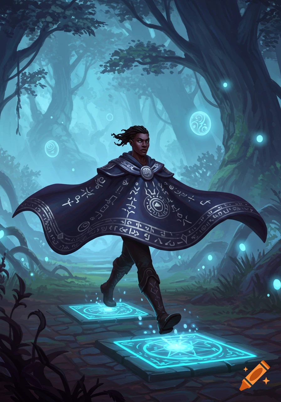 A person in a dark blue cloak adorned with glowing runes walks on illuminated magical platforms through a misty, ethereal forest at night.