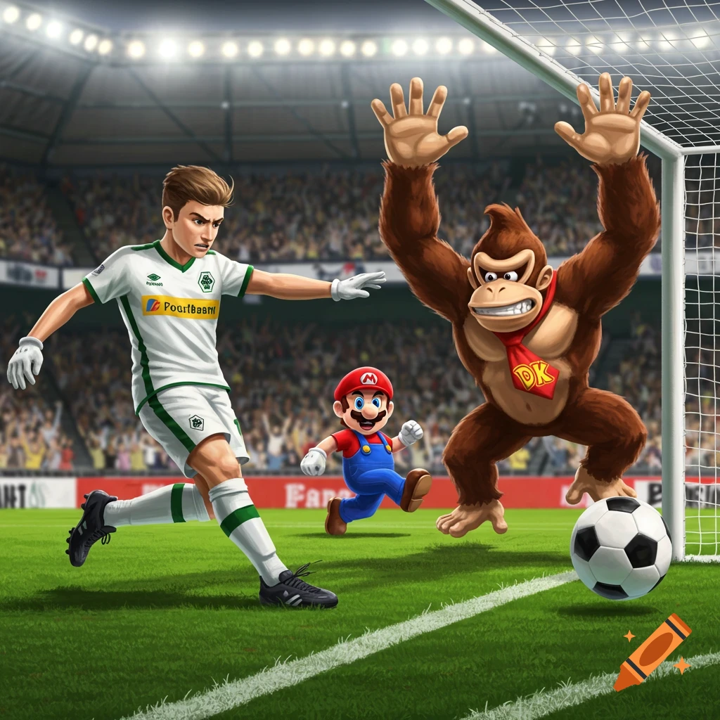 A soccer player kicks a ball as Super Mario slides and Donkey Kong tries to block it in a stadium.
