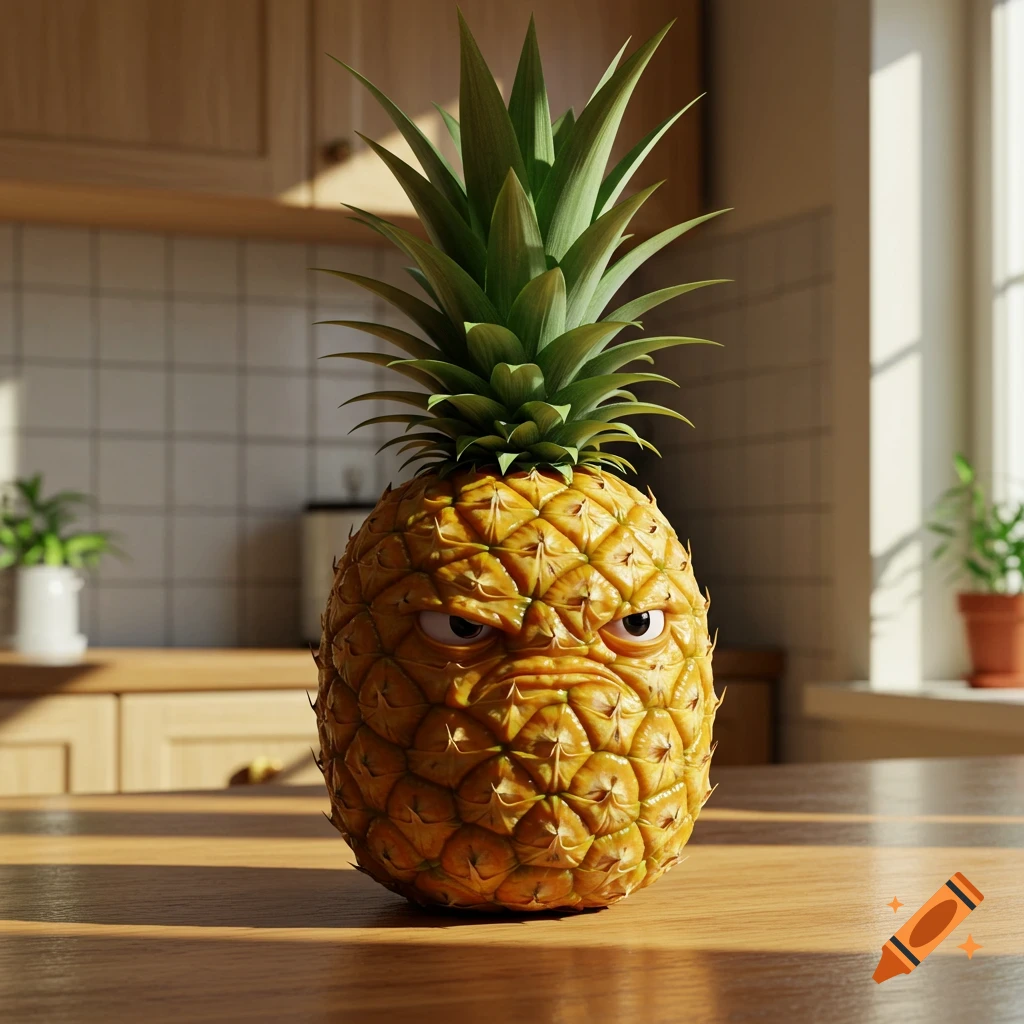 A grumpy-faced pineapple sits on a wooden kitchen counter, with cabinets and a sunlit window in the background.