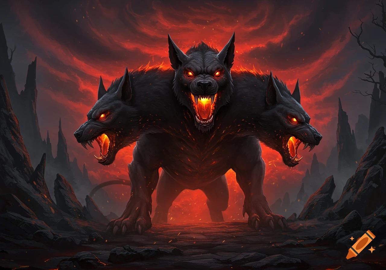 A fierce three-headed black dog, Cerberus, with glowing red eyes and fiery mouths stands in a hellish, volcanic landscape under a red sky. Digital art.