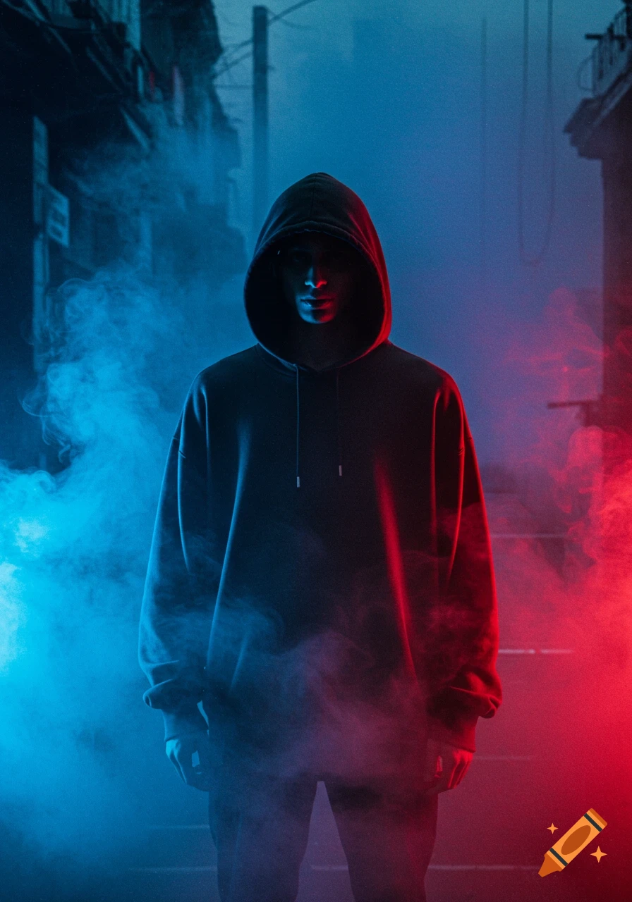 A mysterious person in a hoodie stands amidst blue and red fog in a dark urban alley.