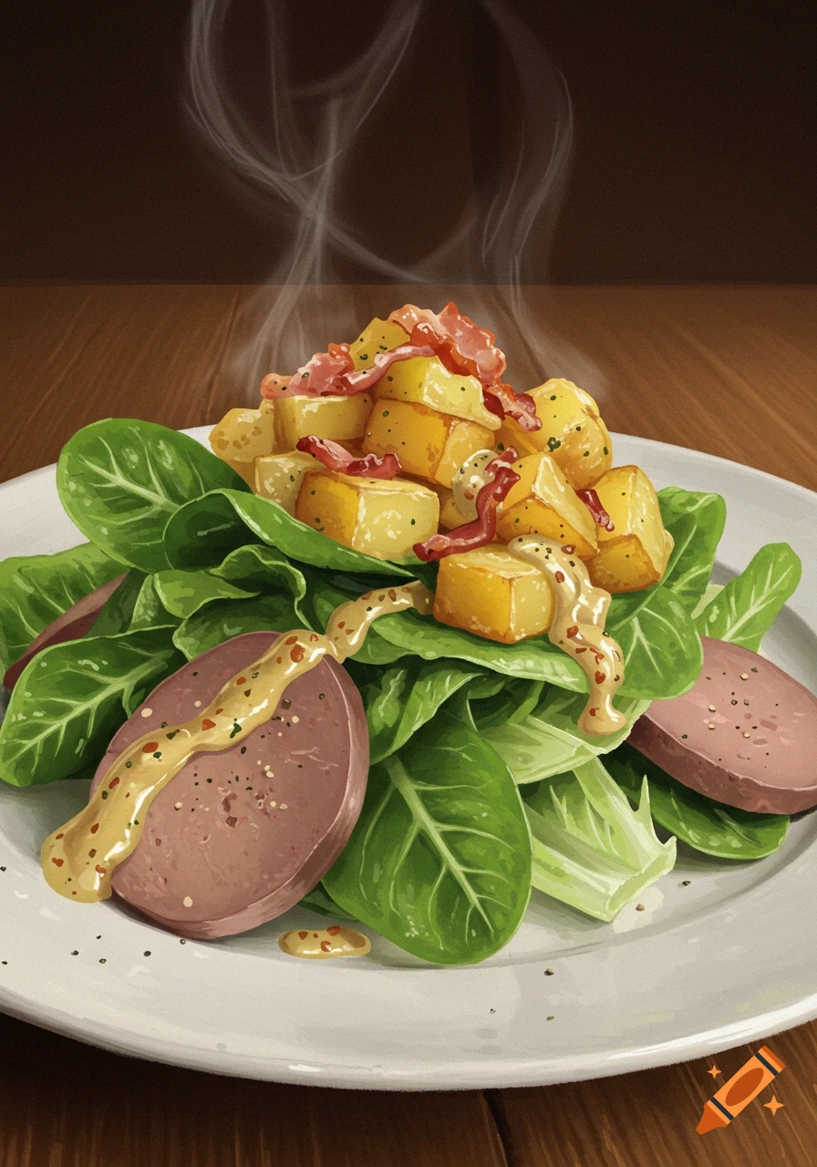 A vibrant illustration of a warm salad with lettuce, potato cubes, bacon, and goose liver slices drizzled with dressing.