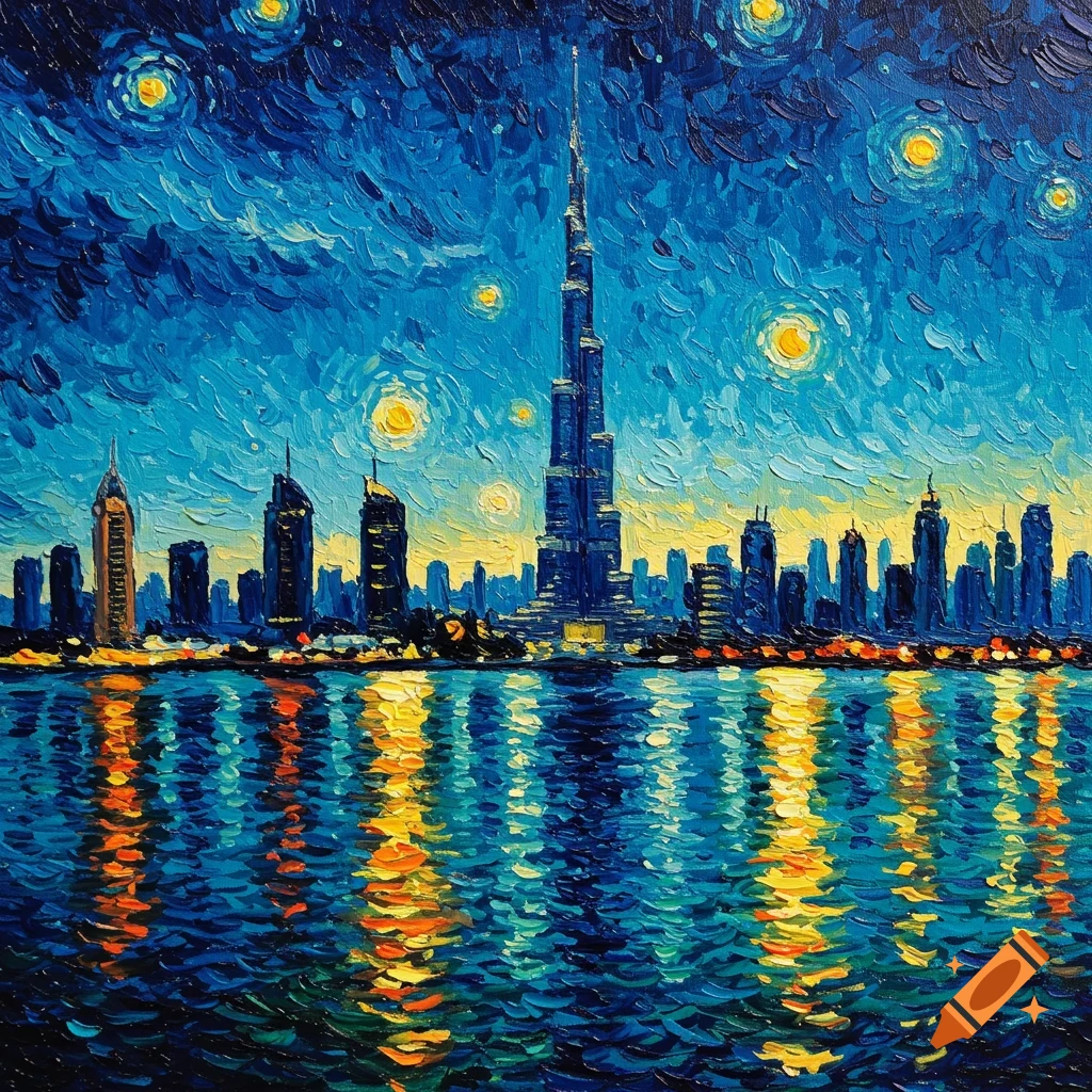 Vibrant Van Gogh painting of Dubai skyline at night with Burj Khalifa reflected in water, thick brush strokes, starry sky.