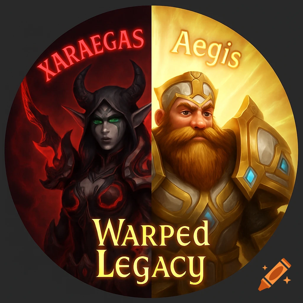 A round fantasy portrait split vertically. Left: a female demon hunter, crimson glow, 'XARAEGAS'. Right: a dwarf paladin, golden glow, 'Aegis'. Bottom: 'WARPED Legacy'.