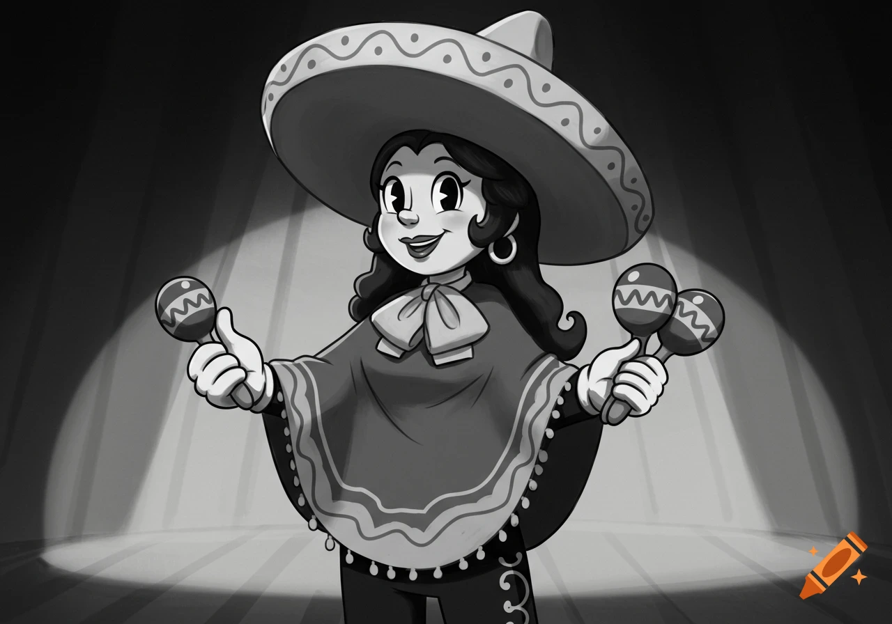 A black and white 1930s rubberhose cartoon of a mariachi woman in a poncho and sombrero, holding maracas.