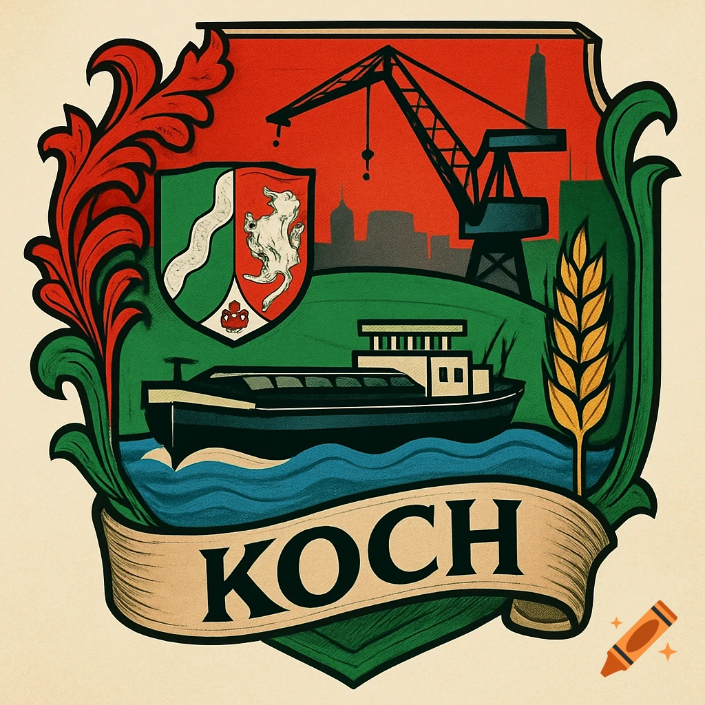 A stylized family crest in red and green, depicting a ship, crane, skyline, wheat, and a shield with the name 'KOCH'.