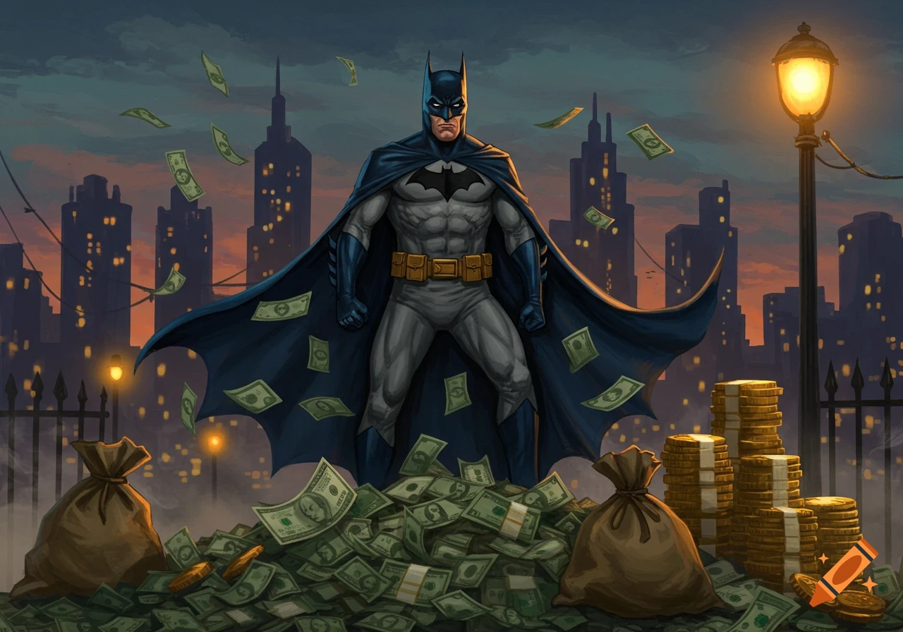Batman stands on a large pile of money with bills flying around him, set against a dark city skyline with glowing streetlights.