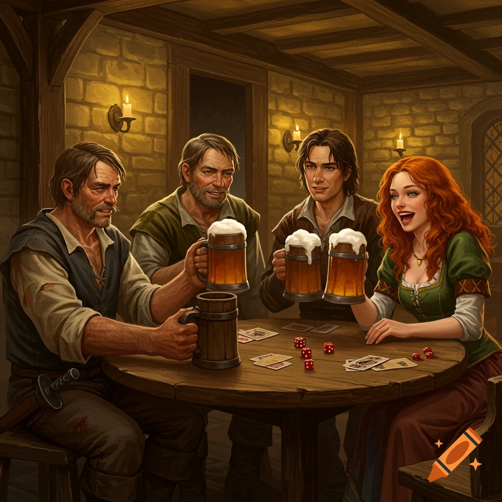 Medieval tavern scene with four men and a red-haired woman toasting with mugs of ale around a table with cards and dice.