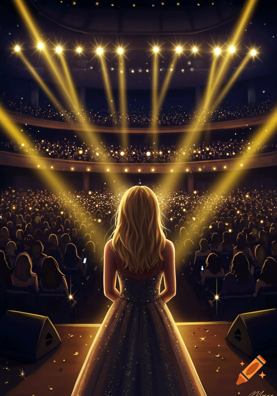 A stylized illustration of a blonde girl in a glittering dress standing on a stage, facing a large audience under bright spotlights.