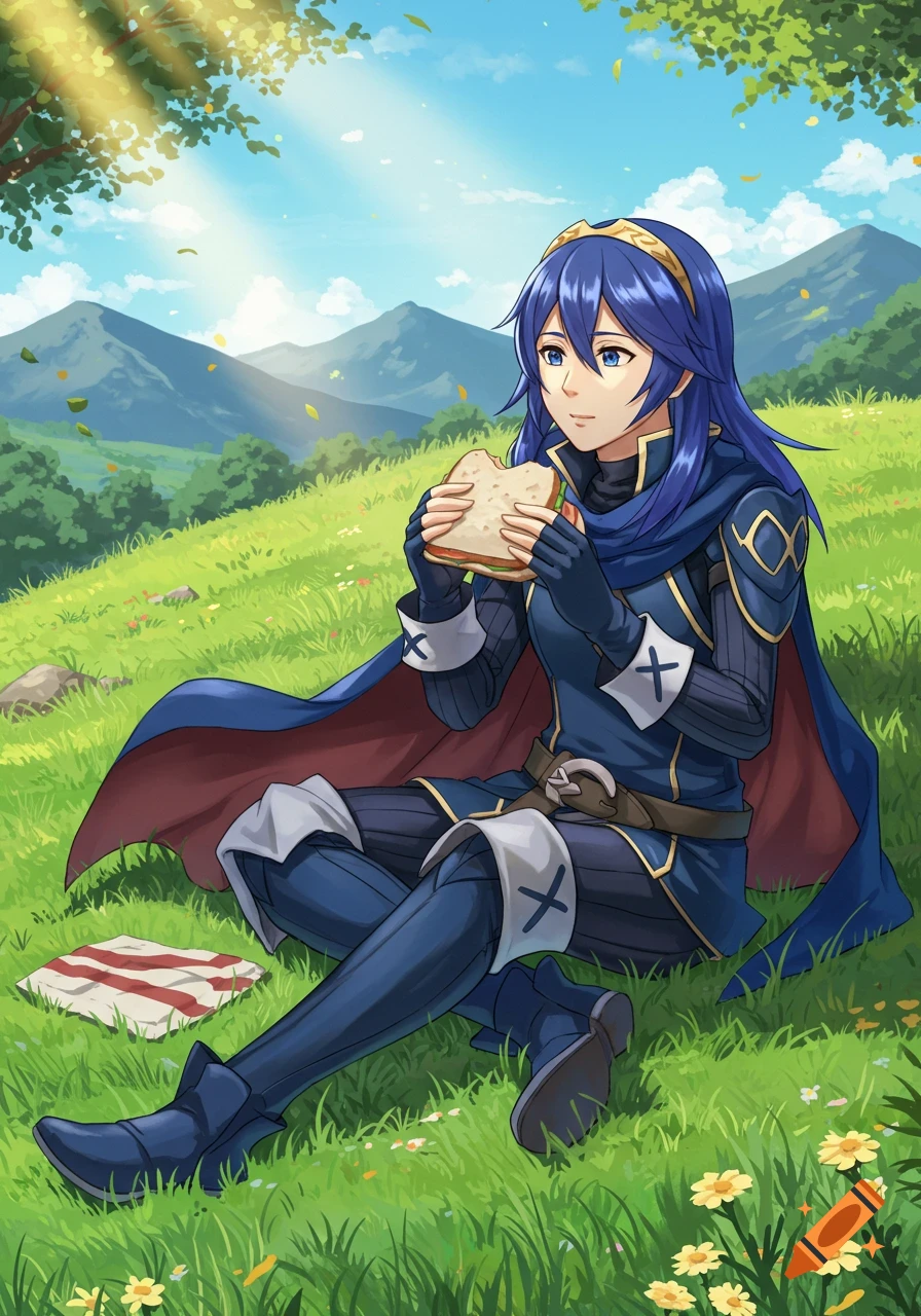 Blue-haired anime girl in armor sits in a green field, eating a sandwich with mountains behind her.