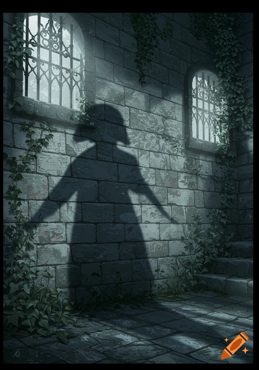 An elongated shadow of a figure holding a sword is cast upon an old, ivy-covered stone wall with barred windows, illuminated by moonlight.