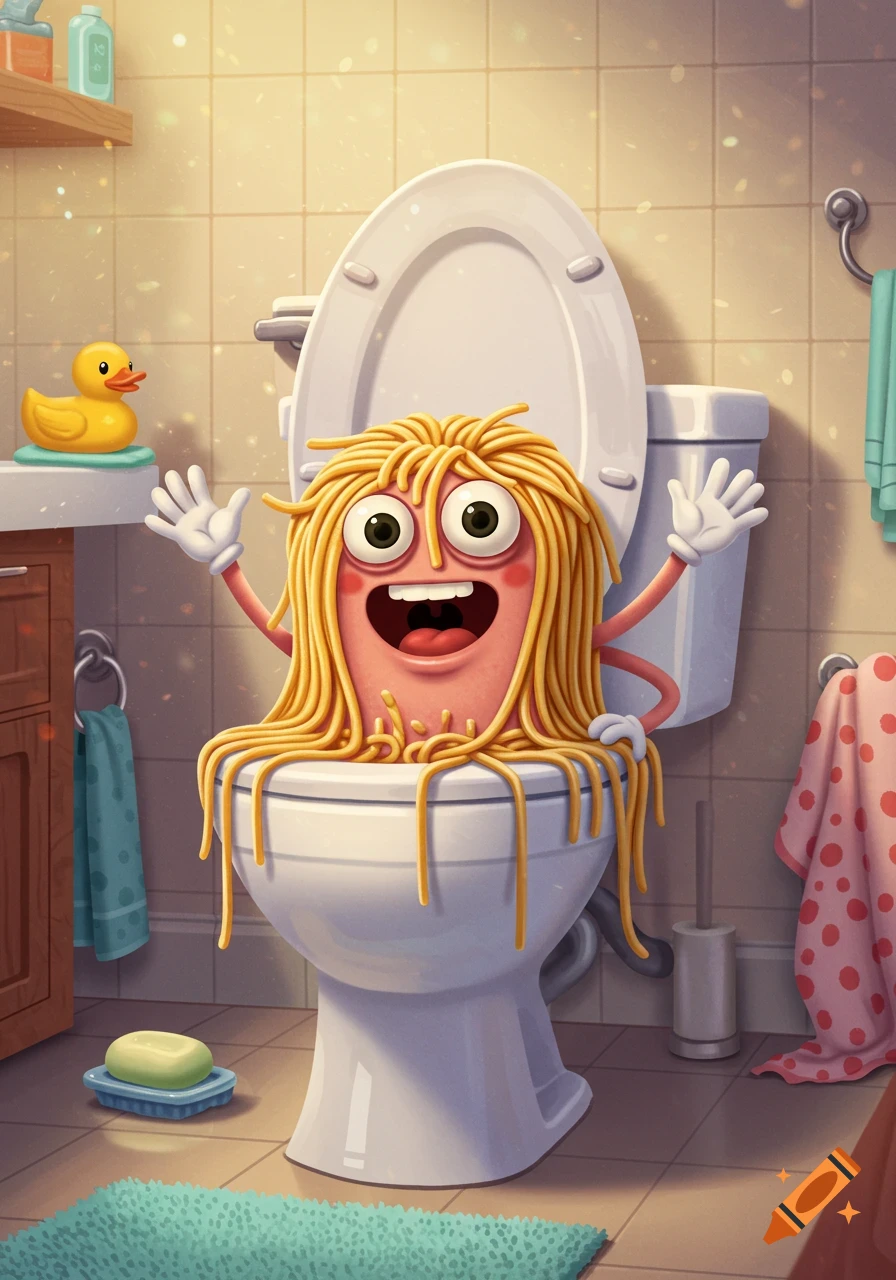 A whimsical cartoon character with spaghetti hair and hands emerging from a toilet in a brightly lit bathroom, waving cheerfully.