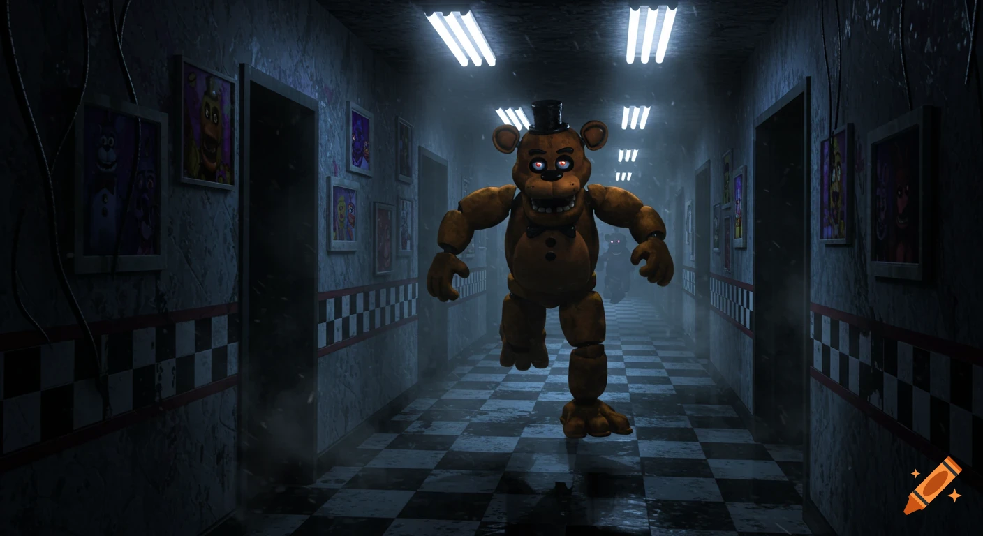 Freddy Fazbear runs through a dark, eerie pizzeria hallway with a checkered floor, under fluorescent lights.