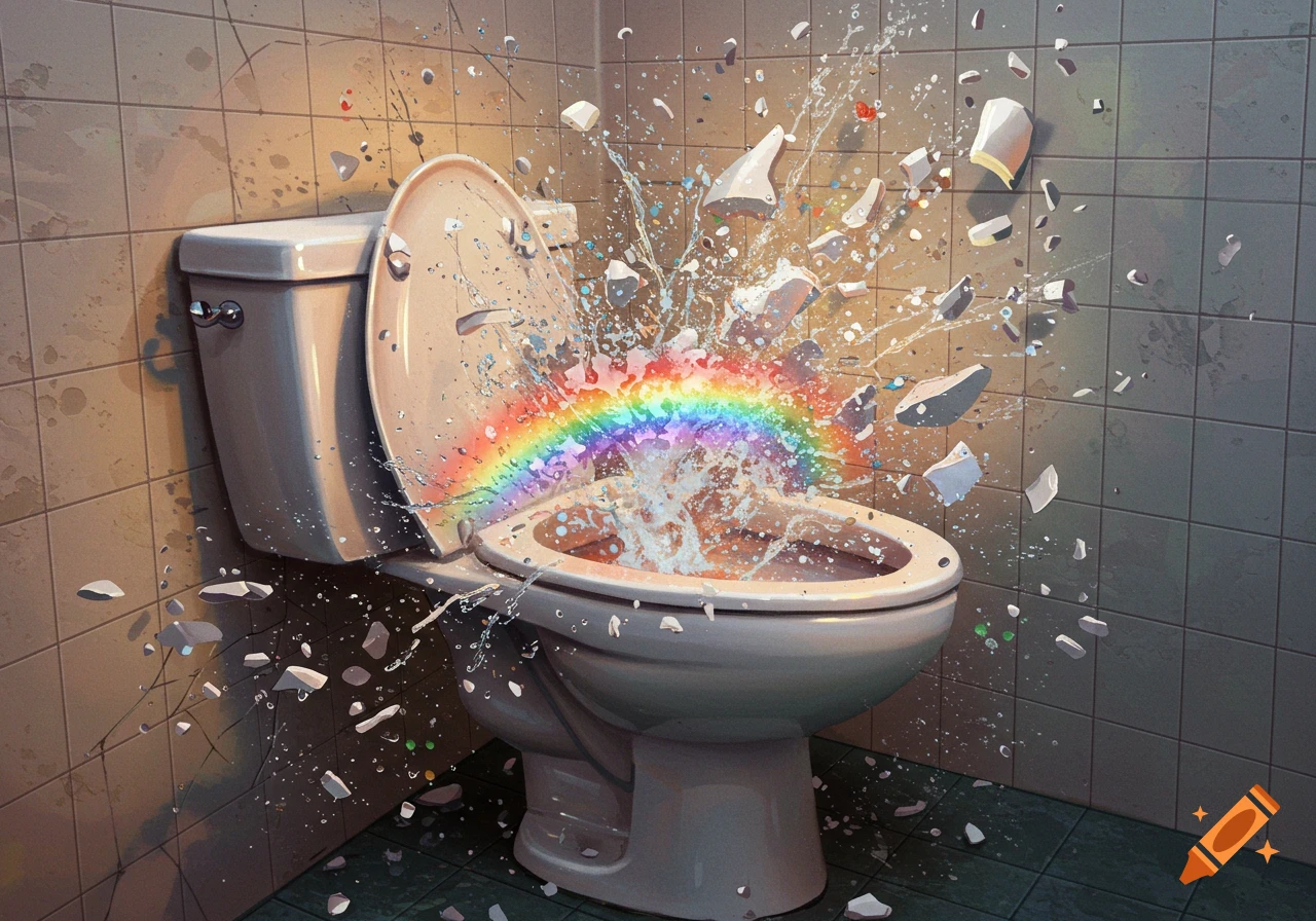 A toilet explodes dramatically in a tiled bathroom, spraying water and ceramic fragments, with a vibrant rainbow bursting from the bowl.
