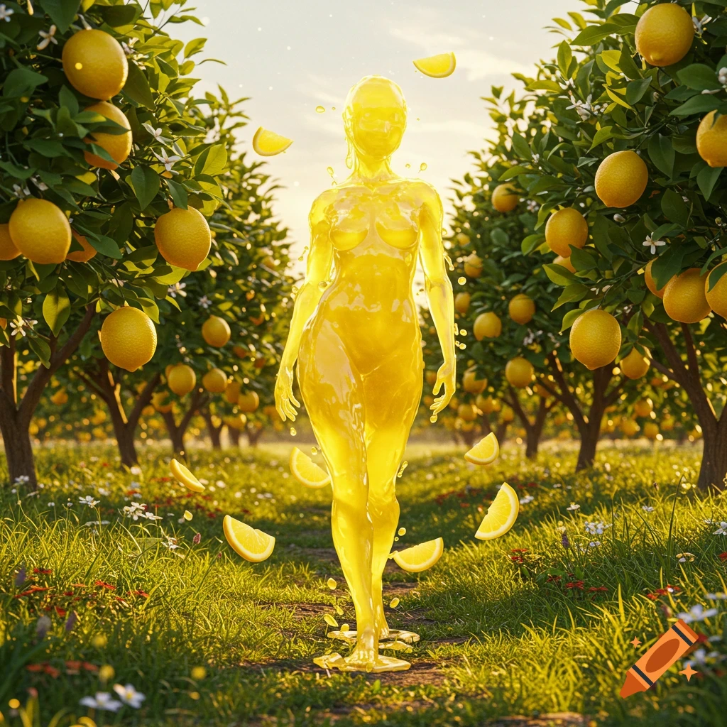 A glowing, translucent human-like figure made of lemon juice walks through a sunlit lemon orchard with floating lemon slices.