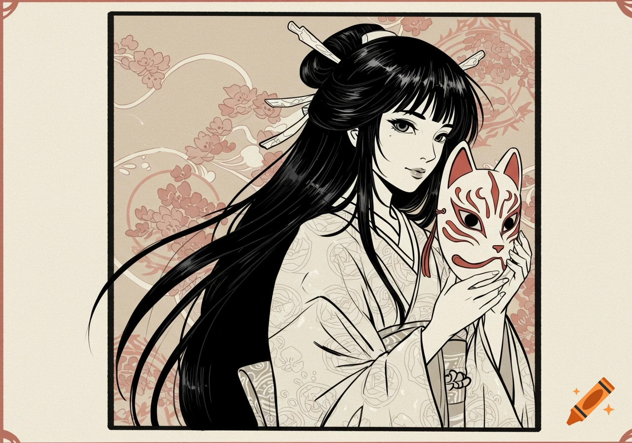 Comic book style line art of a Japanese woman with long black hair, wearing a kimono and holding a kitsune mask against a patterned background.
