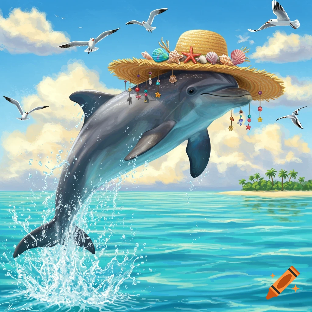 A happy, illustrated dolphin in a straw hat jumps from blue ocean water under a sunny sky with seagulls and a distant tropical island.