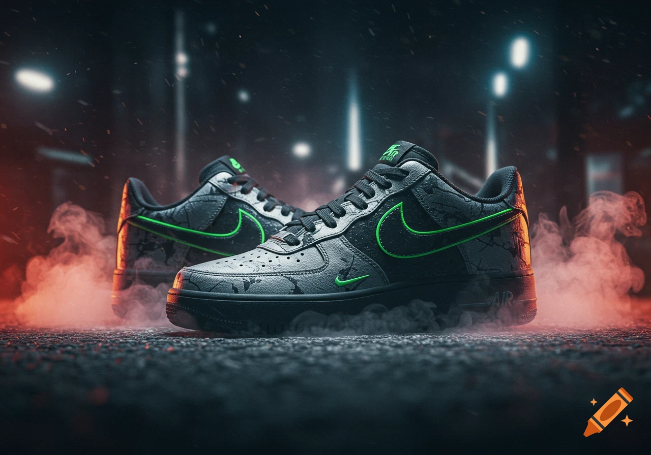 Two black and grey Nike Air Force sneakers with neon green accents, on a dark, wet surface with red smoke.