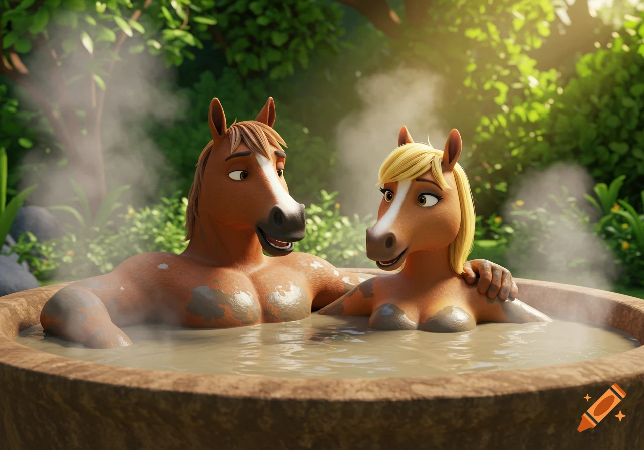 An anthropomorphic male and female horse relax happily in a steaming mud hot tub amidst lush greenery in a 3D animated style.