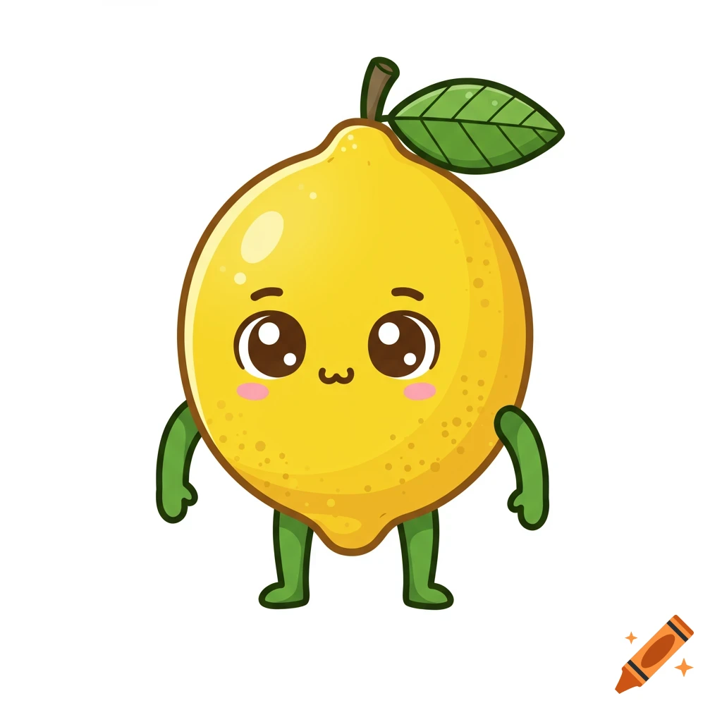 A cute yellow lemon mascot with big eyes, pink blush, green arms and legs, and a small green leaf on its stem, on a white background.