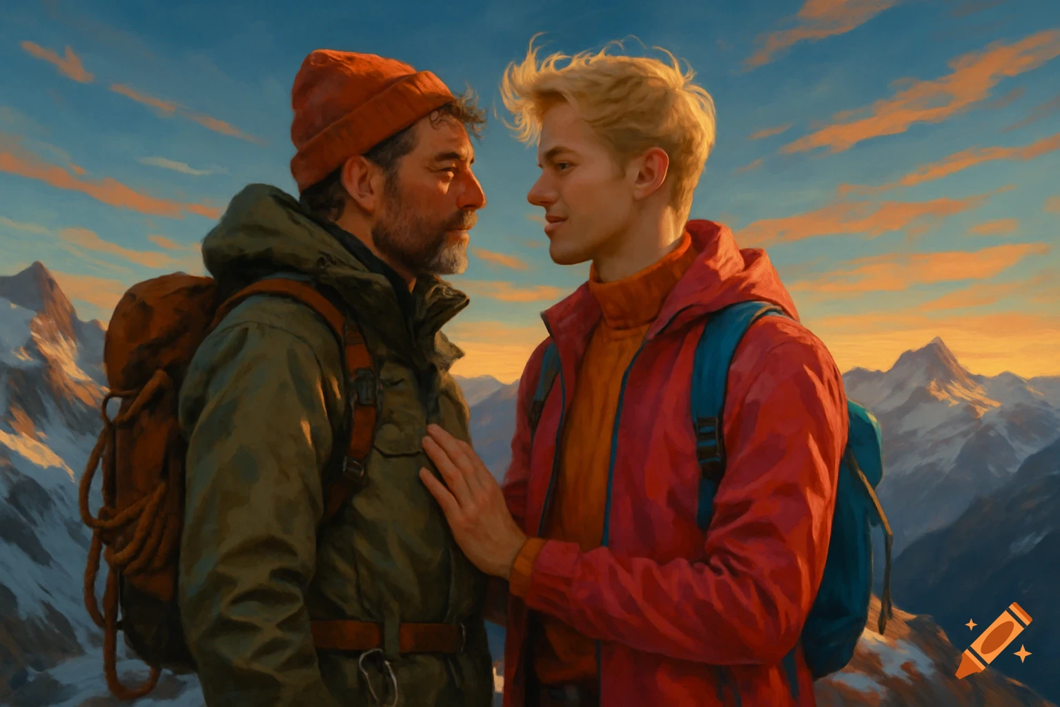 An older bearded male mountaineer and a younger blonde male mountaineer look at each other lovingly in a mountain landscape painting.
