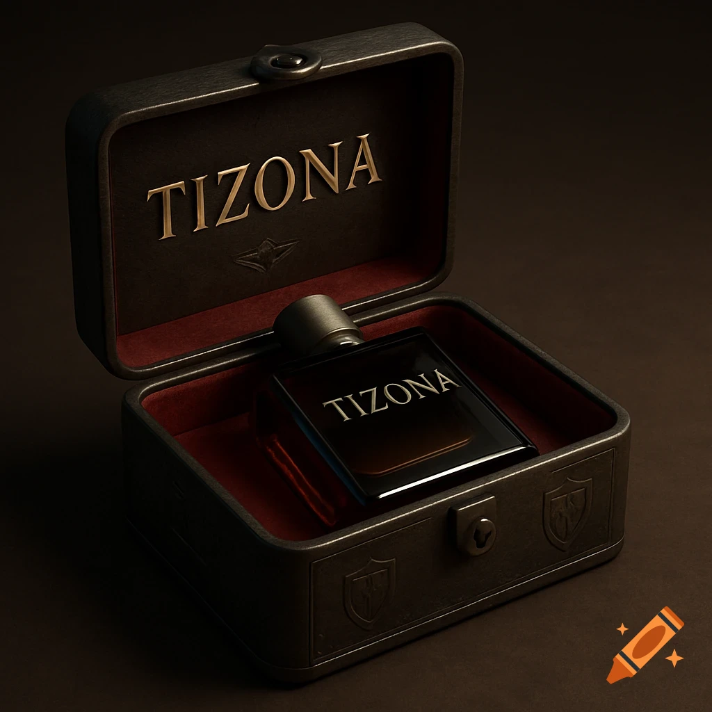 A dark, open luxury perfume box with red velvet lining, holding a black bottle labeled "TIZONA", against a dark background.