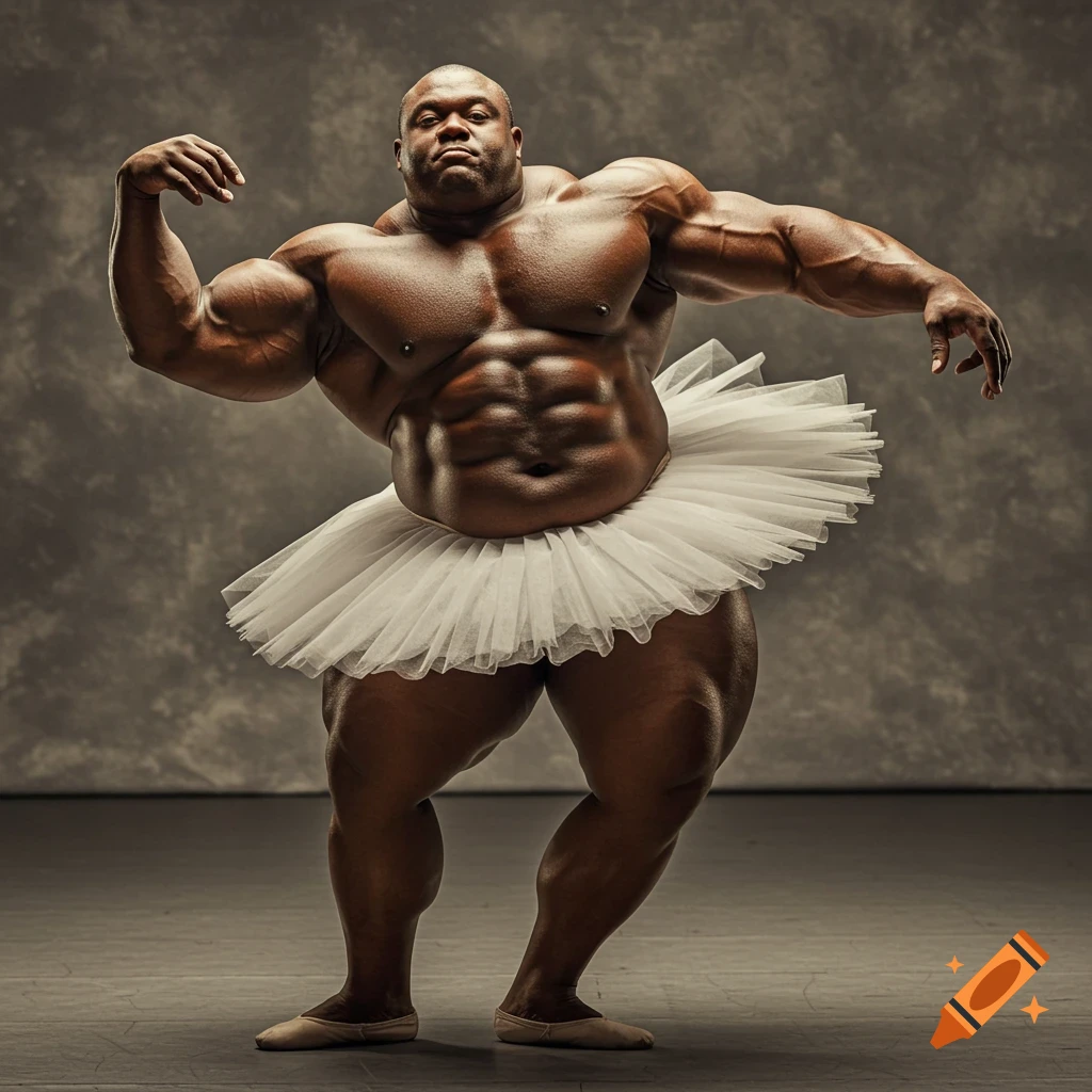 A heavily muscled bodybuilder in a white tutu and ballet slippers poses like a ballerina against a grey background.