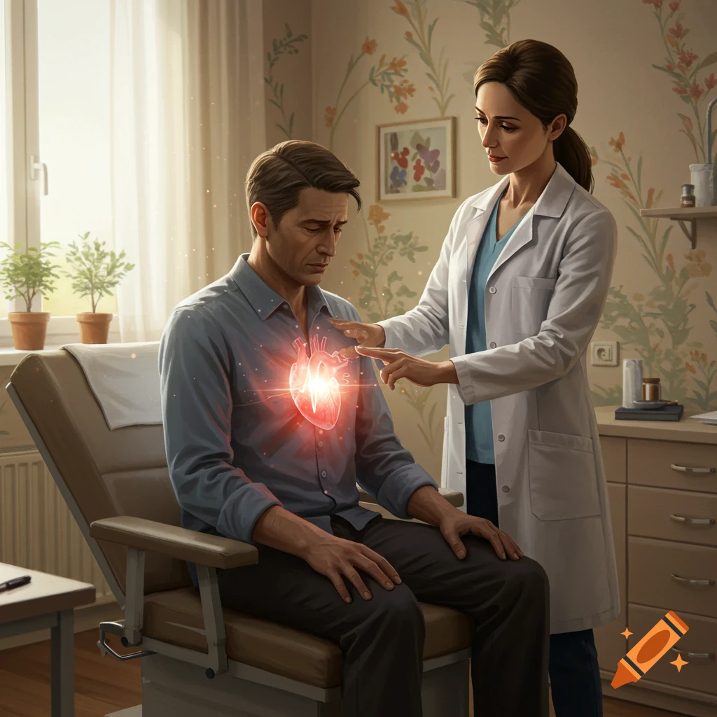 A female doctor in a white coat examines a man sitting on an exam table, with a glowing red heart over his chest in a photorealistic style.