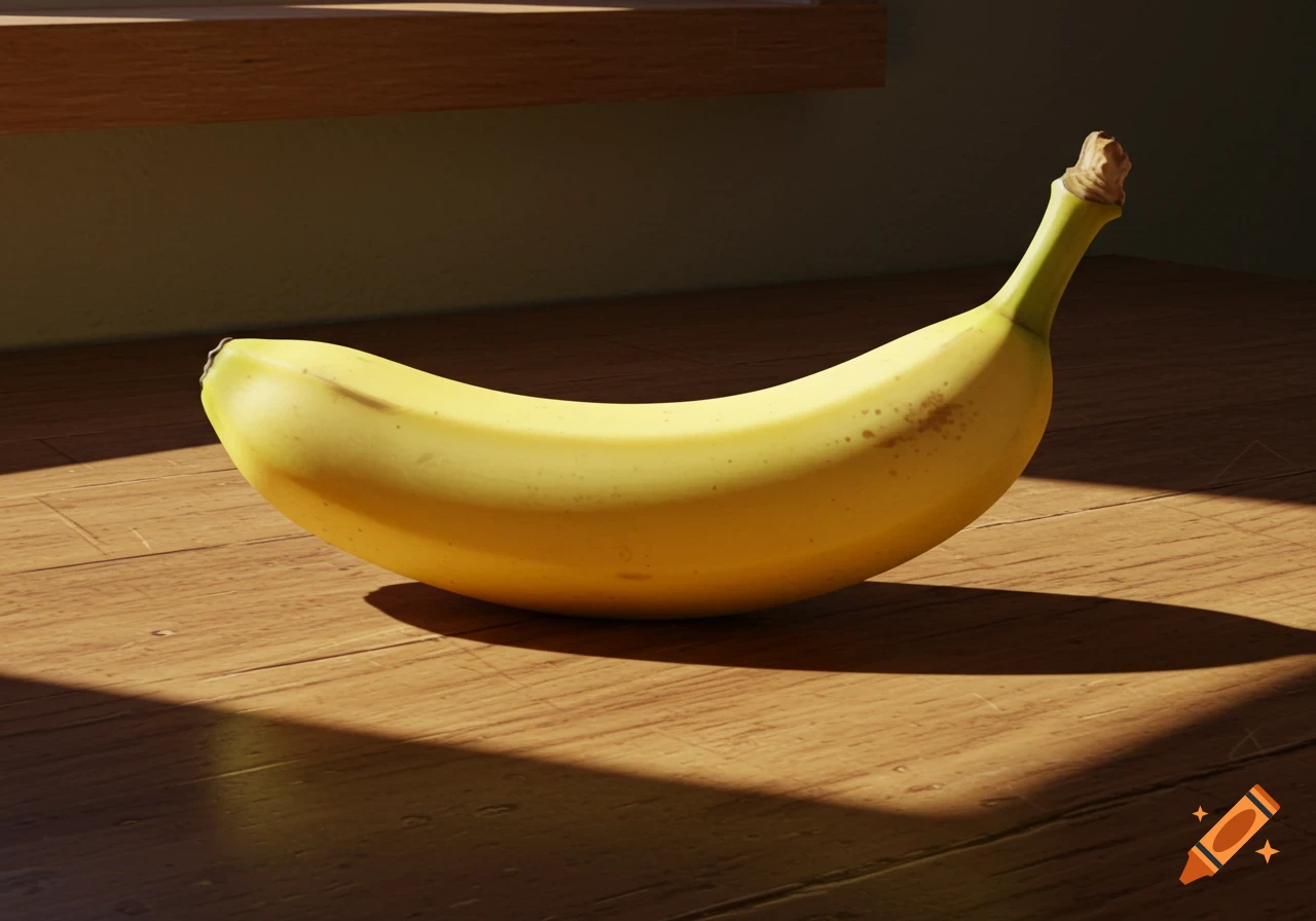 A ripe yellow banana resting on a sunlit wooden table.