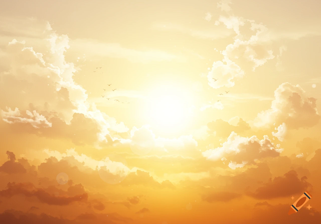 A radiant sun illuminates a sky full of white, yellow, and orange clouds, with small birds flying.