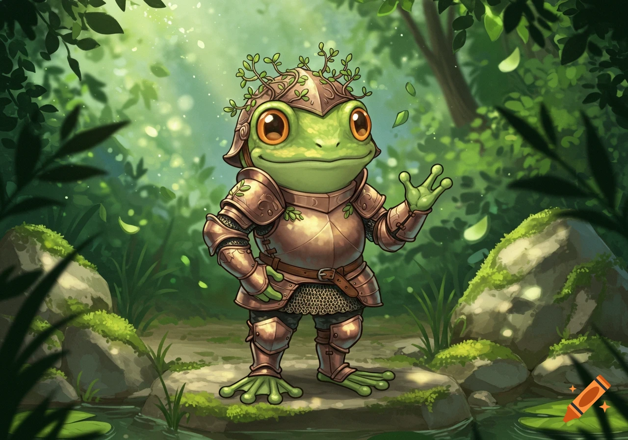 A cute anime style frog knight wearing medieval armor stands in a lush forest, waving.