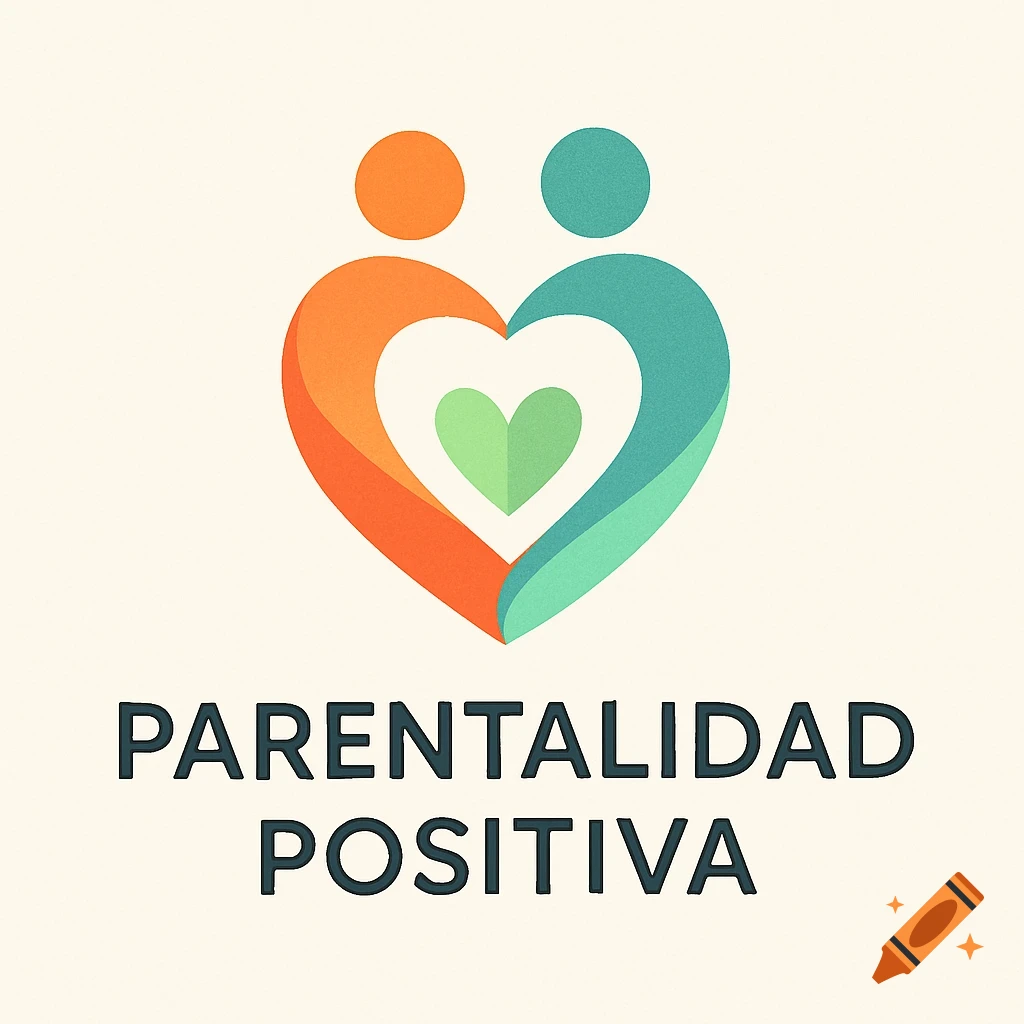 A logo with two abstract figures, one orange and one teal, embracing to form a heart shape, with a smaller green heart inside. Below, the text reads 'PARENTALIDAD POSITIVA'.