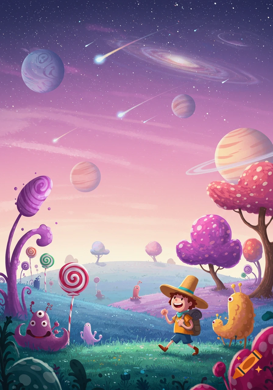 A smiling cartoon child with a backpack walks on a colorful alien planet with strange plants, friendly monsters, and lollipops under a starry sky with planets and shooting stars.
