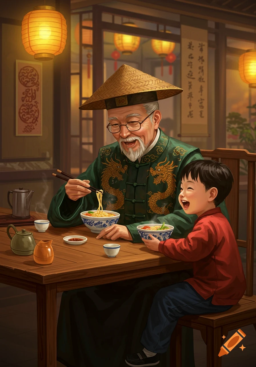 An elderly Chinese man in a straw hat and green robe eats noodles with chopsticks next to a laughing young boy at a wooden table in a traditional restaurant.
