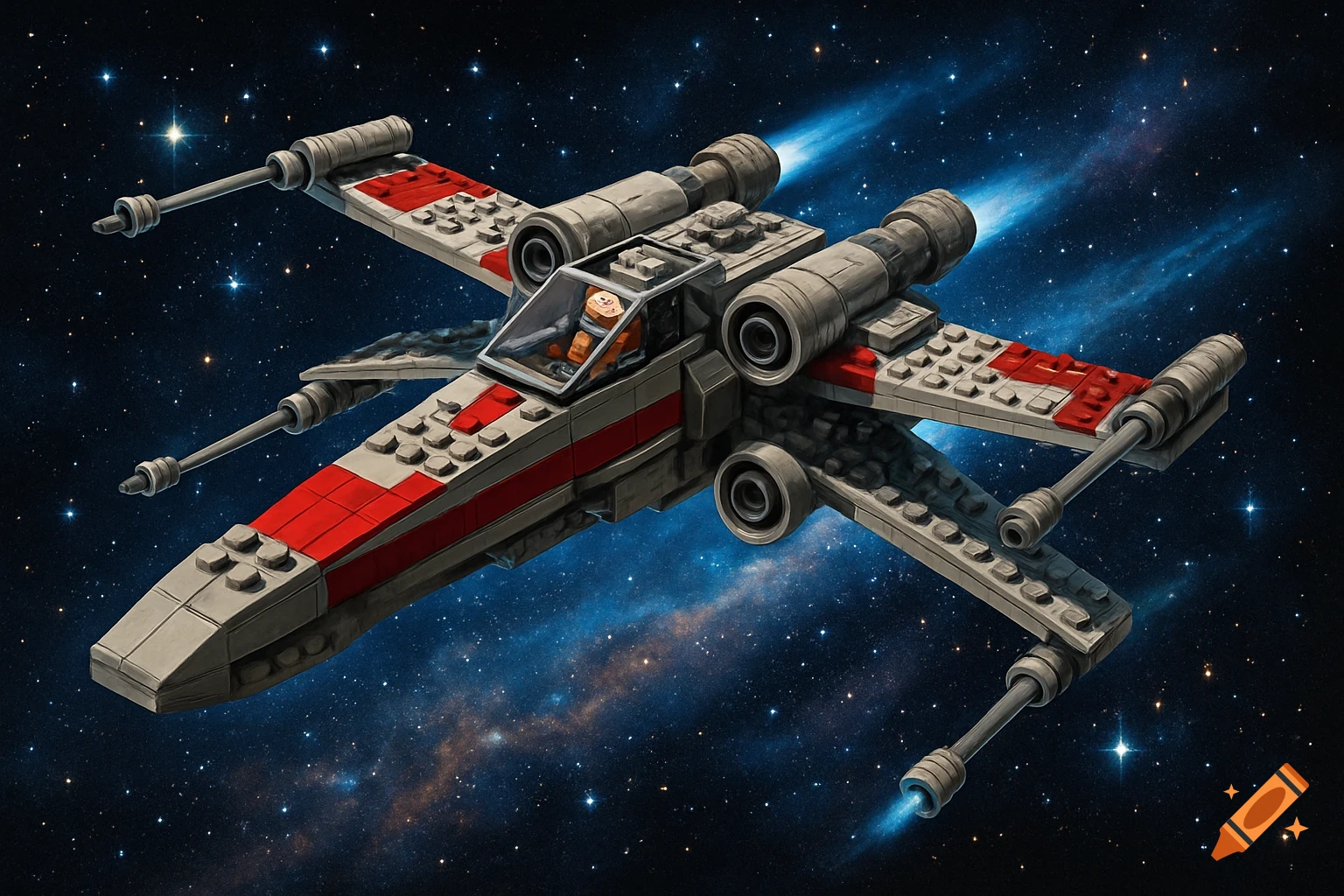 A Lego Star Wars X-Wing fighter, gray and red with a pilot in the cockpit, flying through a starry blue nebula in space.