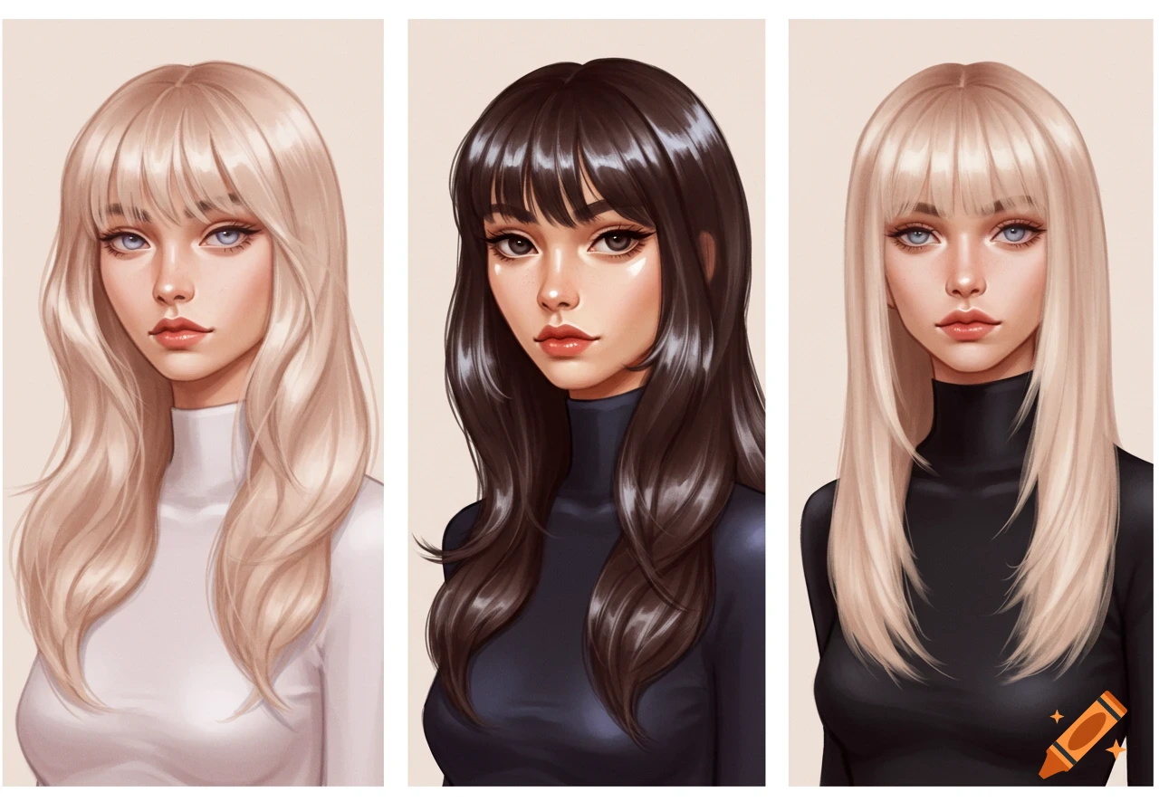 Three stylized digital portraits of women side-by-side, each with long hair and bangs, wearing turtlenecks against a plain background.