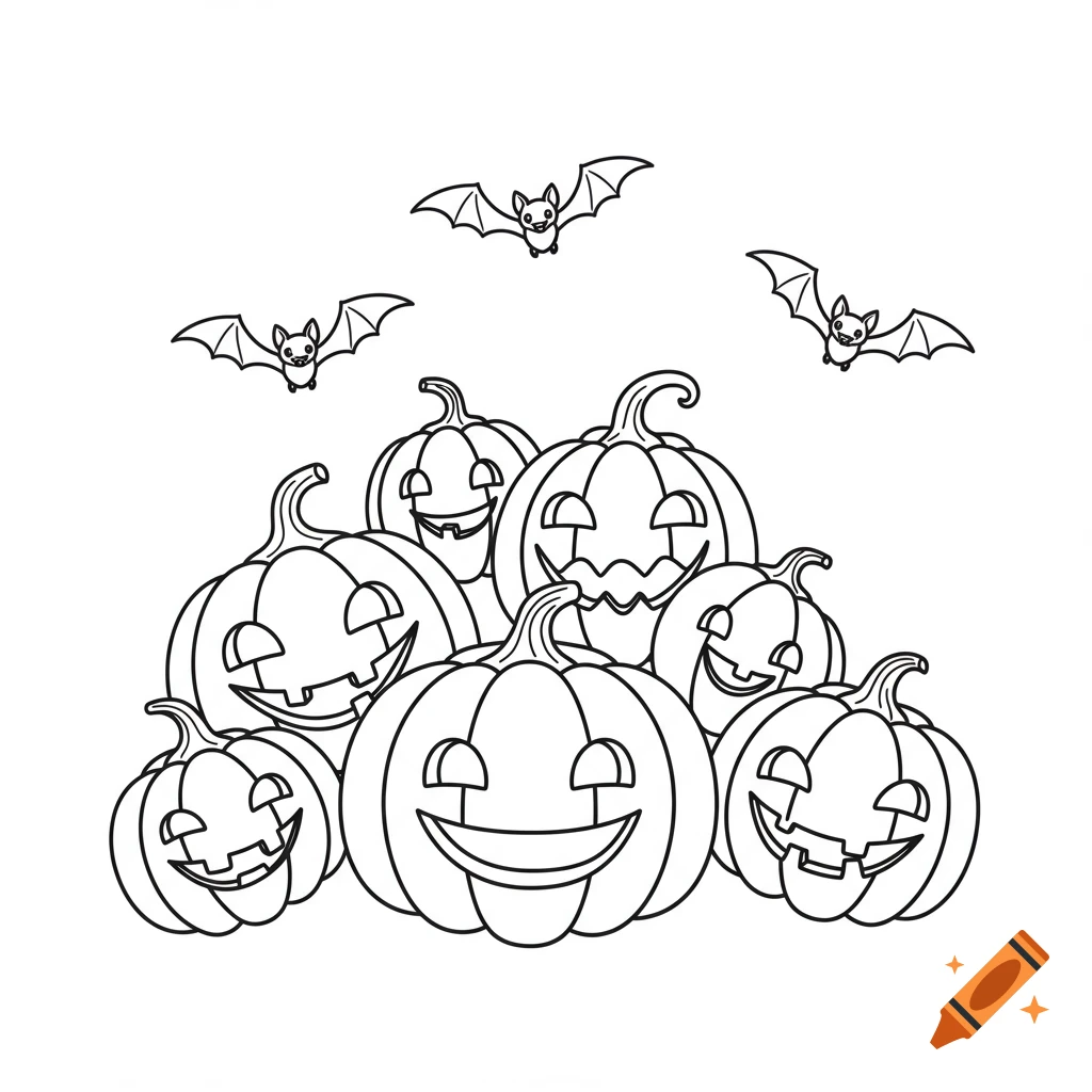 Black and white line art of smiling jack-o'-lantern pumpkins and flying bats in a cartoon style, suitable for a coloring page.